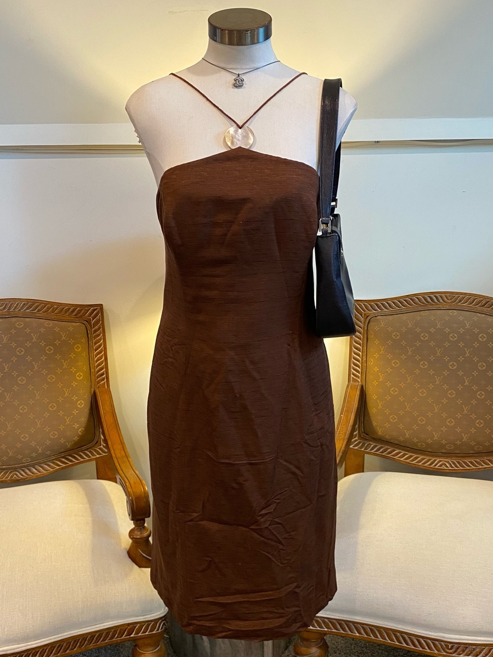 Vintage 90s Classic Brown Silk Halter Midi Dress with Shell Detail, Boho Summer